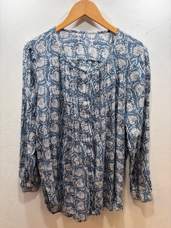 Tops - Boutique Peasant Style Boho Blue Floral Print Long-Sleeve Relaxed Fit Top XL